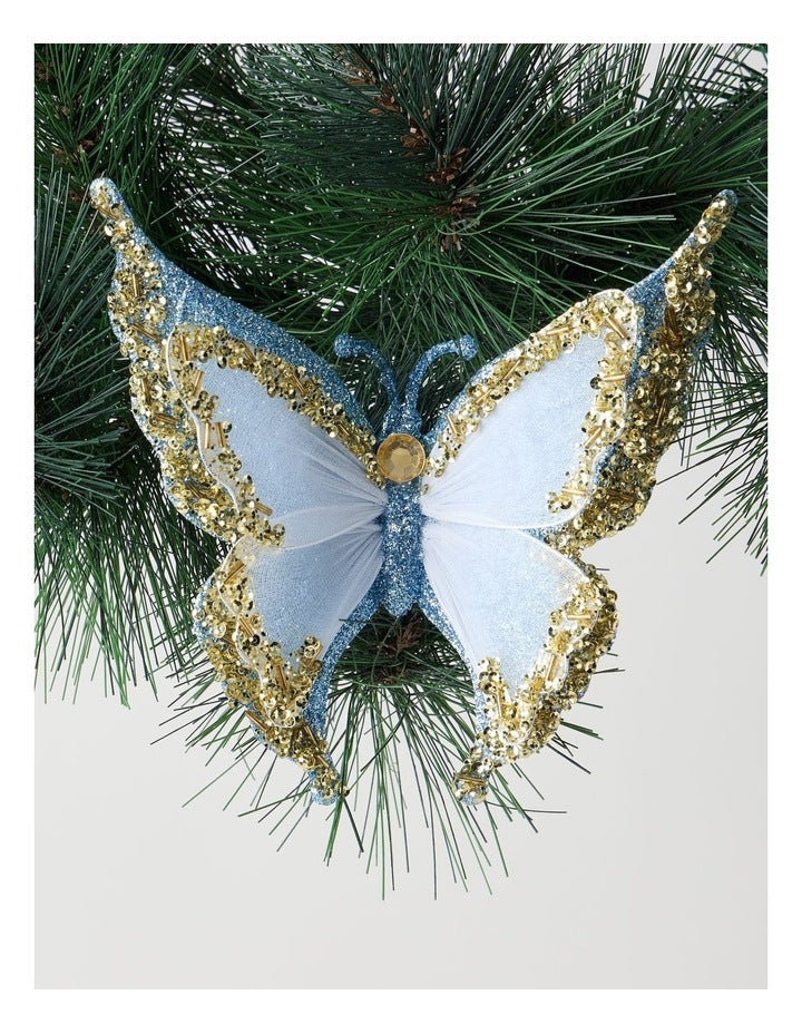 Luxe Christmas Two Toned Glitter Butterfly Clip in Blue and White: 15cm