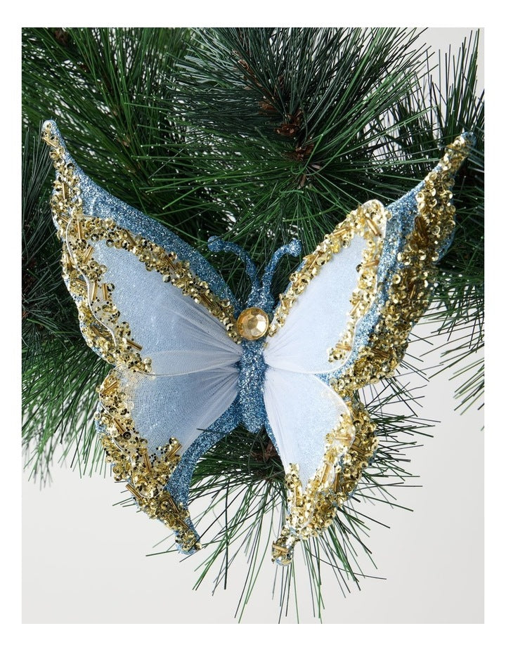 Luxe Christmas Two Toned Glitter Butterfly Clip in Blue and White: 15cm