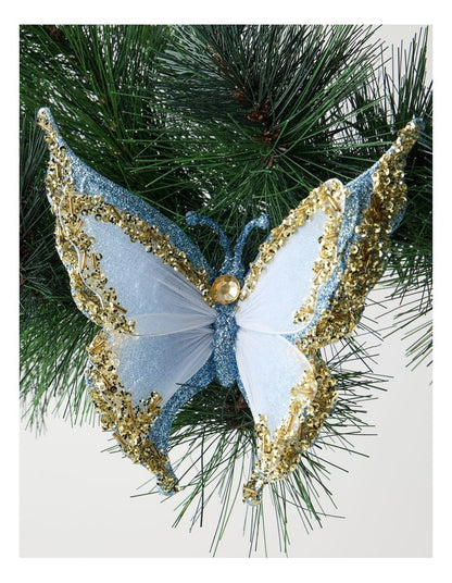 Luxe Christmas Two Toned Glitter Butterfly Clip in Blue and White: 15cm