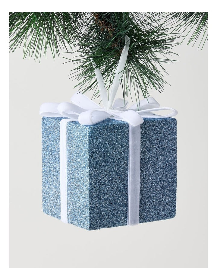 Luxe Christmas Oversized Glitter Present with Velvet Ribbon Ornament in Blue: 13cm