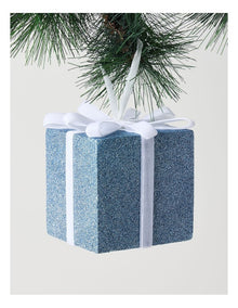 Luxe Christmas Oversized Glitter Present with Velvet Ribbon Ornament in Blue: 13cm