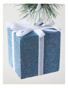 Luxe Christmas Oversized Glitter Present with Velvet Ribbon Ornament in Blue: 13cm