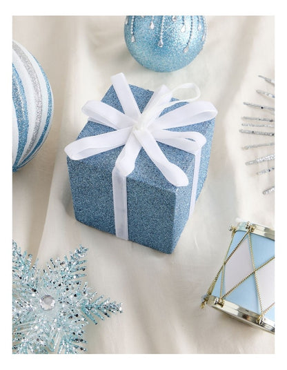 Luxe Christmas Oversized Glitter Present with Velvet Ribbon Ornament in Blue: 13cm