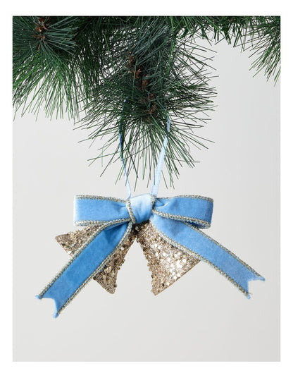 Luxe Christmas Glitter Bells with Velvet Ribbon Ornament in Blue and Champagne: 14cm