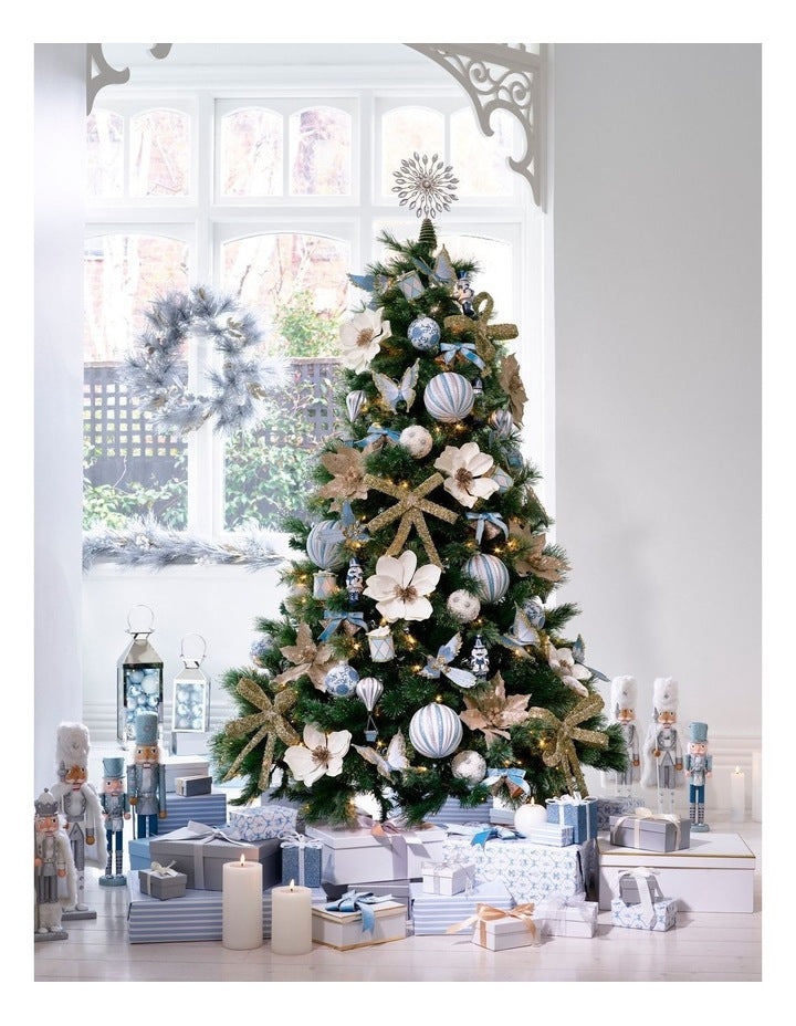 Luxe Christmas Glitter Bells with Velvet Ribbon Ornament in Blue and Champagne: 14cm