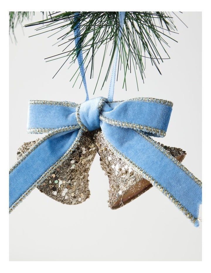 Luxe Christmas Glitter Bells with Velvet Ribbon Ornament in Blue and Champagne: 14cm