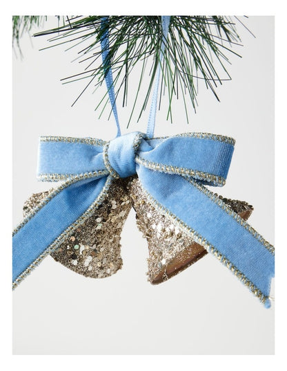 Luxe Christmas Glitter Bells with Velvet Ribbon Ornament in Blue and Champagne: 14cm
