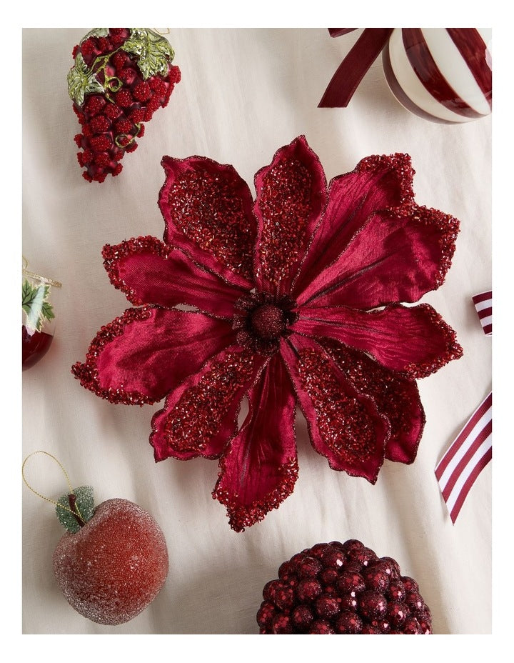 Heirloom Velvet Magnolia Clip with Beads in Red: 22cm