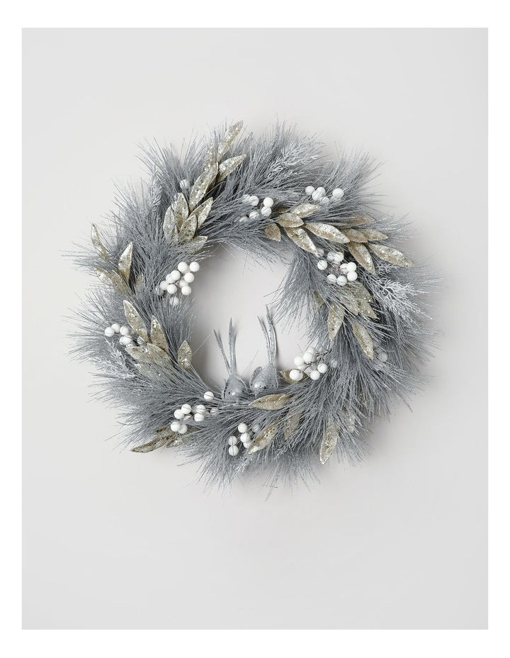 Luxe Christmas Wreath Birds, Berries & Leaves in Silver: 60cm