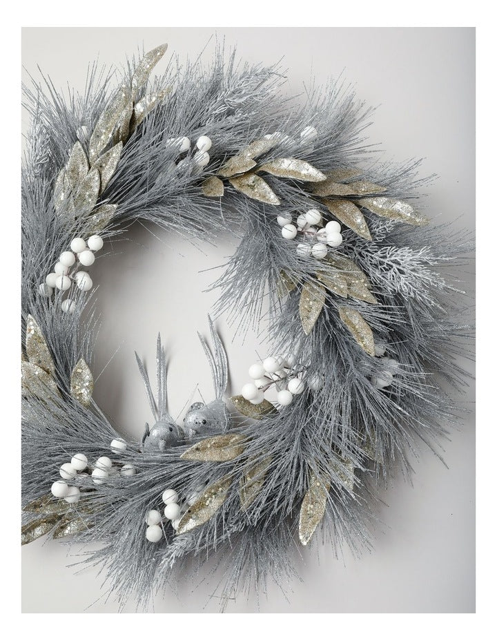 Luxe Christmas Wreath Birds, Berries & Leaves in Silver: 60cm