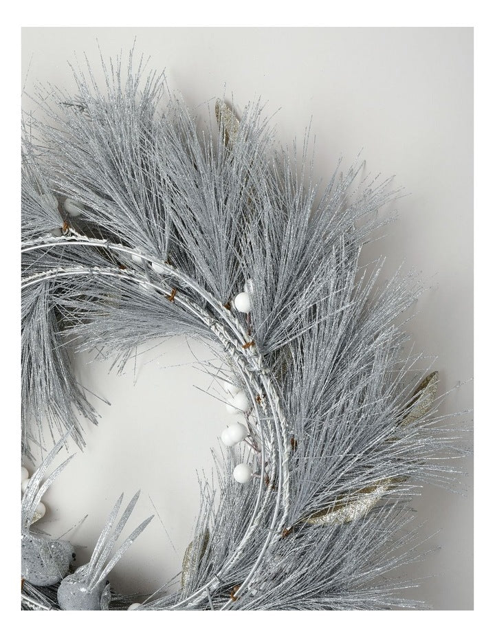 Luxe Christmas Wreath Birds, Berries & Leaves in Silver: 60cm