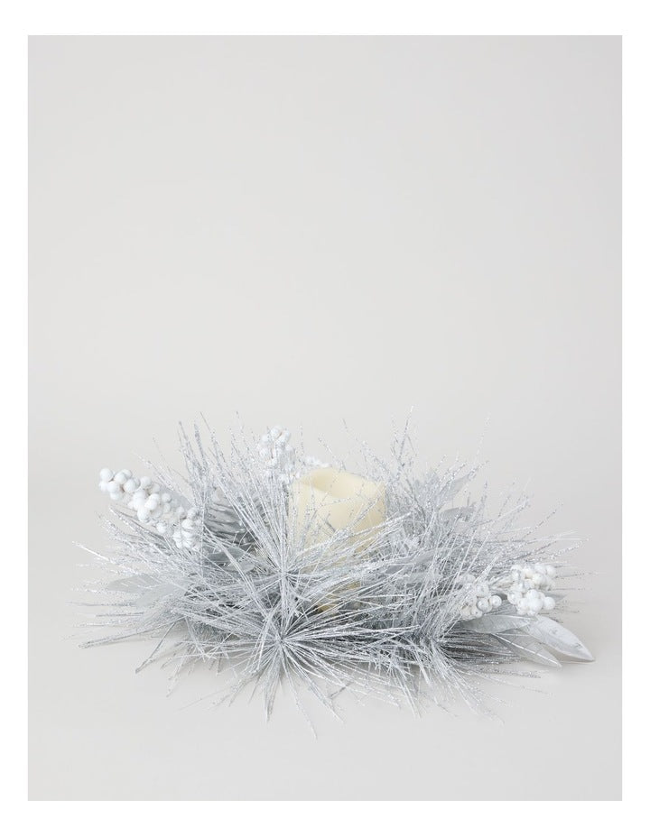 Luxe Glittered Pine, Faux Berry and Pinecone Hurricane in White: 11cm