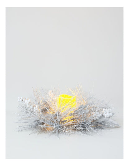 Luxe Glittered Pine, Faux Berry and Pinecone Hurricane in White: 11cm