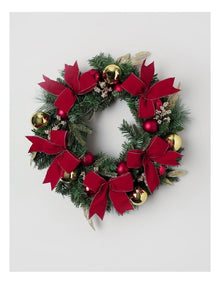 Heirloom Christmas Bow, Bauble & Leaves Wreath in Red: 60cm
