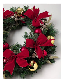 Heirloom Christmas Bow, Bauble & Leaves Wreath in Red: 60cm