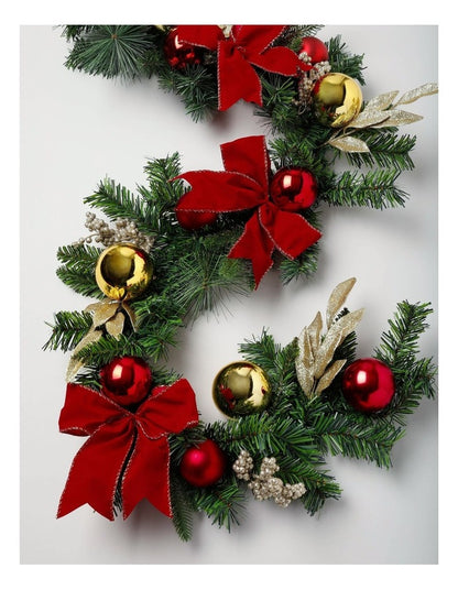 Heirloom Christmas Bow, Bauble and Leaves Garland in Red: 182cm