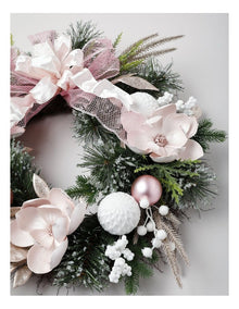 Luxe Christmas Glistening Pine & Magnolia Wreath in Pink: 60cm