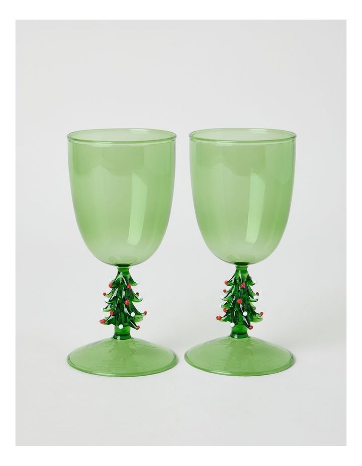 Joy Wine Glass Christmas Tree Set of 2 260ml in Green