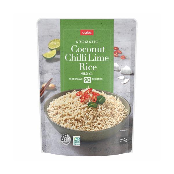COLES MICROWAVE RICE POUCH:COCONUT CHILLI LIME:.:250 GRAM