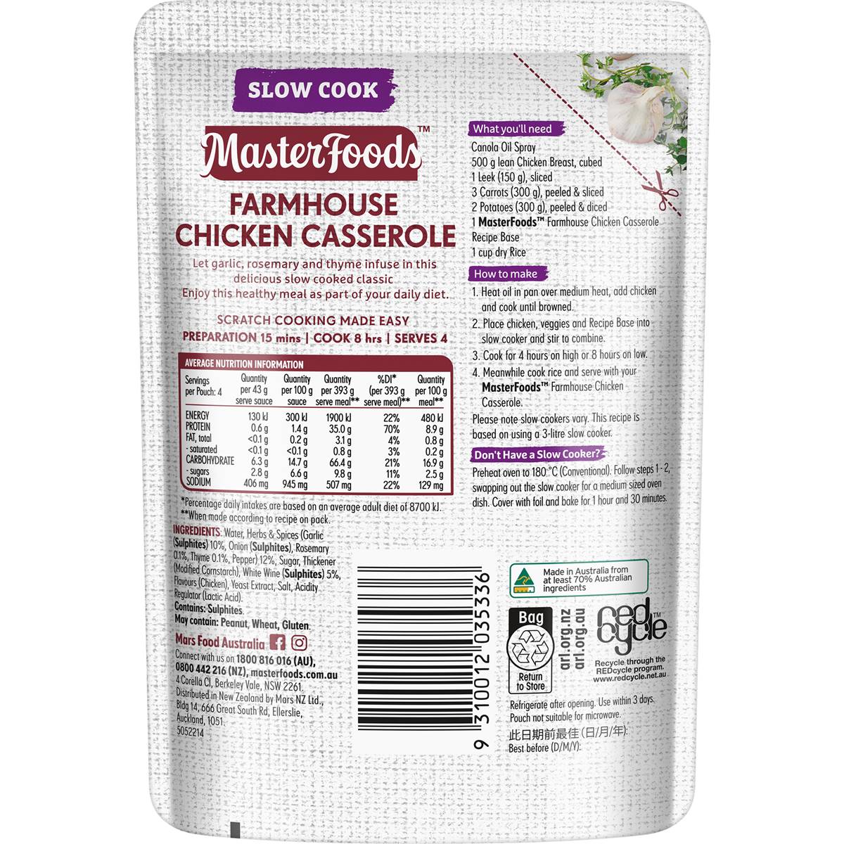 MasterFoods Chicken Casserole Slow Cook Recipe Base 175g