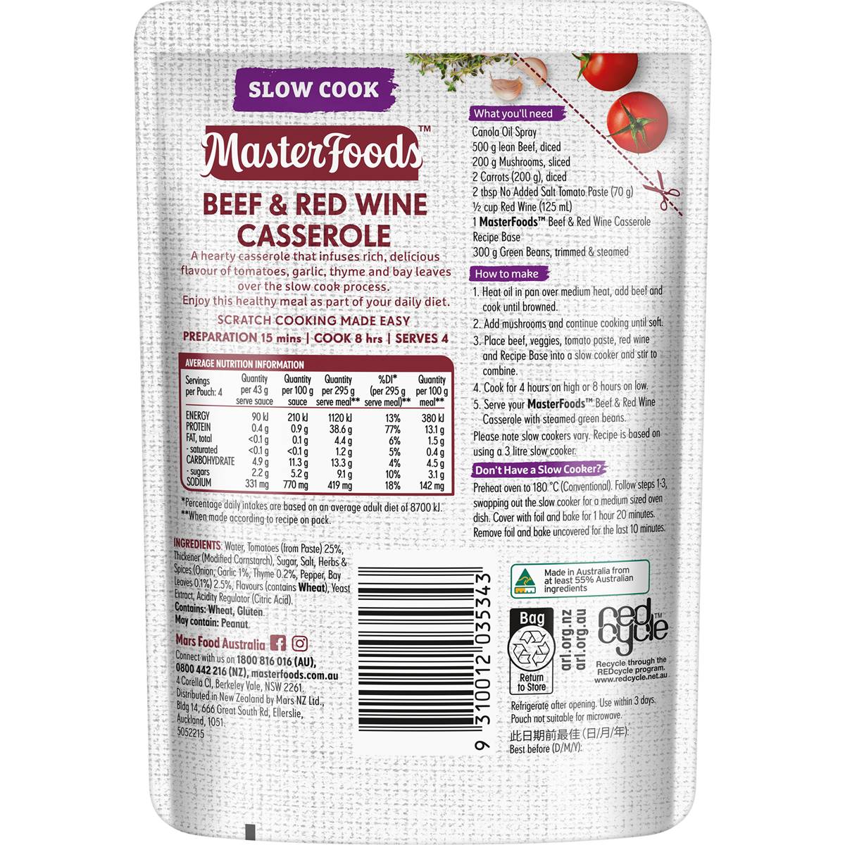 MasterFoods Beef & Red Wine Casserole Slow Cook Recipe Base 175g