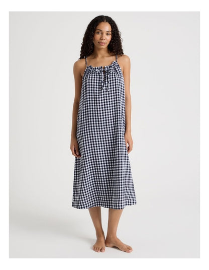 Divine Cheesecloth Gathered Long Chemise in Navy Check Y/D