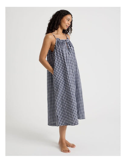 Divine Cheesecloth Gathered Long Chemise in Navy Check Y/D