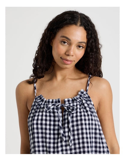 Divine Cheesecloth Gathered Long Chemise in Navy Check Y/D