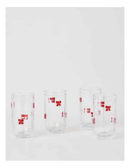 Embossed Bow High Ball Set of 4 460ml in Red