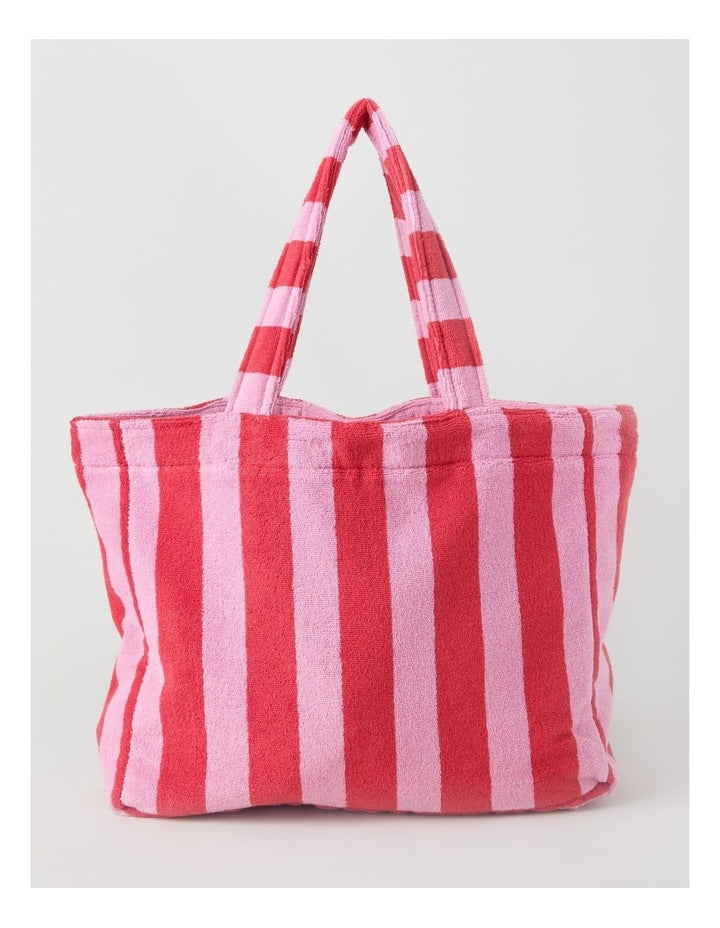 Reverse Stripe Velour Terry Beach Bag in Red and Pink
