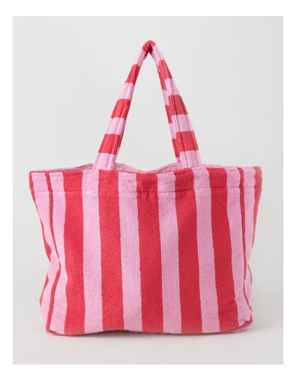 Reverse Stripe Velour Terry Beach Bag in Red and Pink