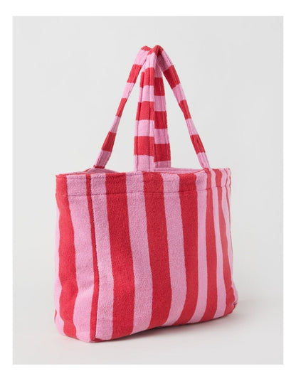 Reverse Stripe Velour Terry Beach Bag in Red and Pink