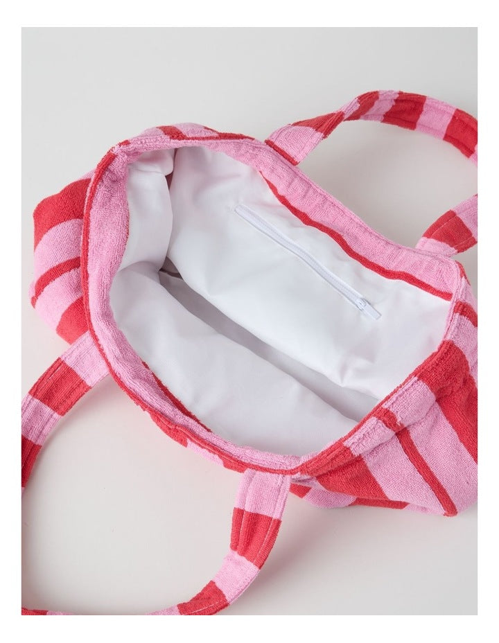Reverse Stripe Velour Terry Beach Bag in Red and Pink