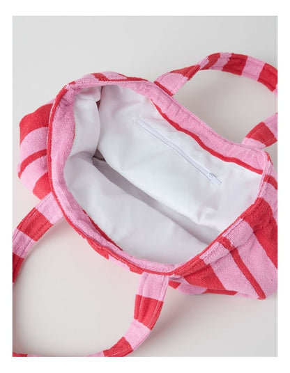 Reverse Stripe Velour Terry Beach Bag in Red and Pink