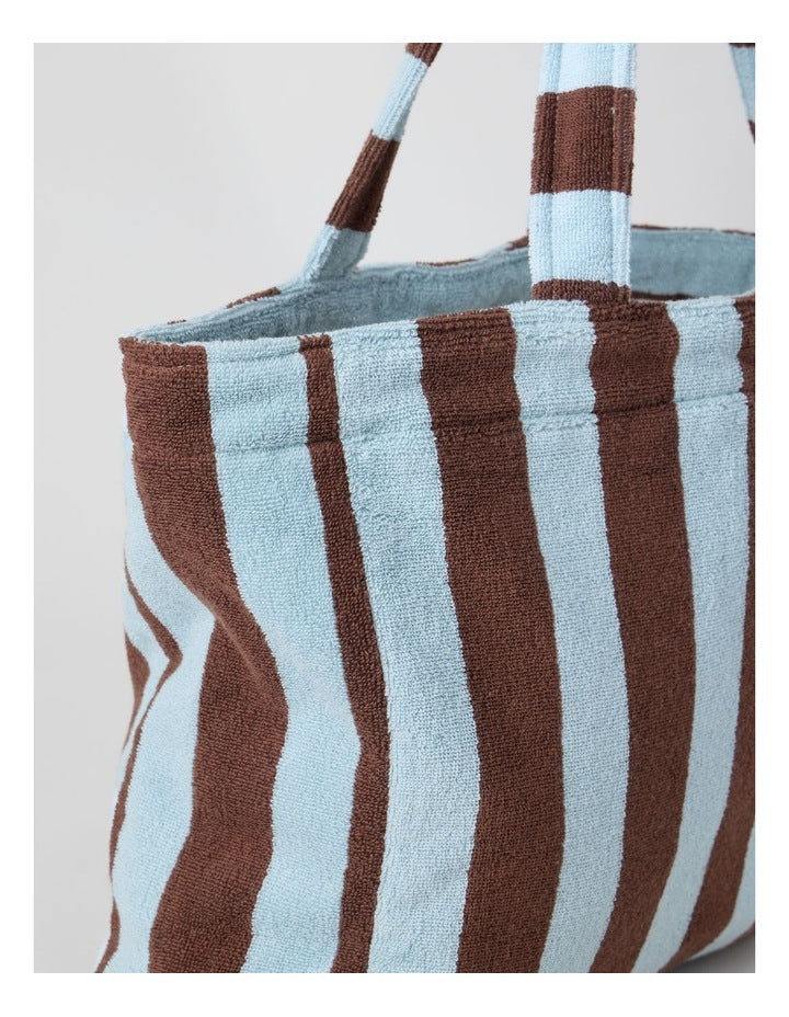 Reverse Stripe Velour Terry Beach Bag in Blue and Brown