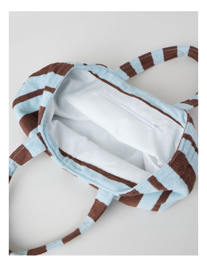 Reverse Stripe Velour Terry Beach Bag in Blue and Brown