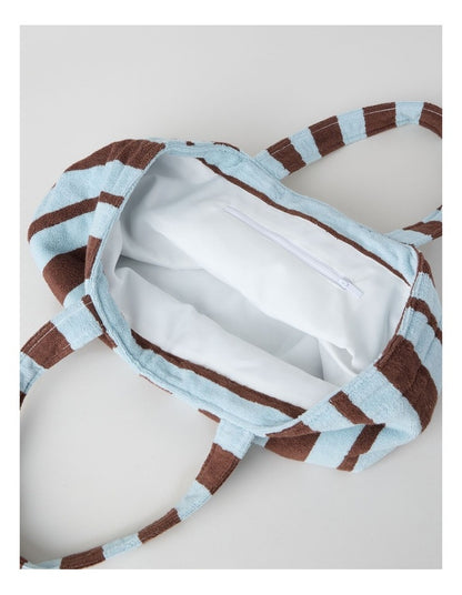 Reverse Stripe Velour Terry Beach Bag in Blue and Brown
