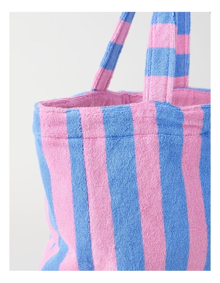 Reverse Stripe Velour Terry Beach Bag in Pink and Blue