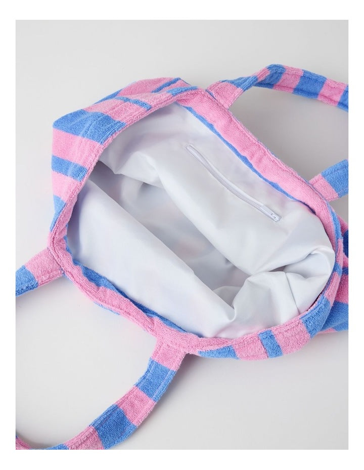 Reverse Stripe Velour Terry Beach Bag in Pink and Blue