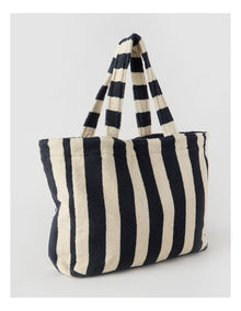 Reverse Stripe Velour Terry Beach Bag in Black and White