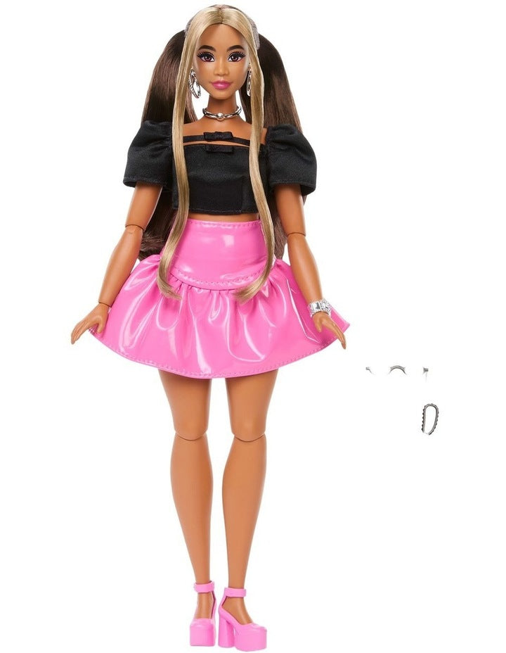 Barbie Deluxe Style Doll #16 in Glossy Pink Barbiecore Skirt with Black Top and Brown Hair