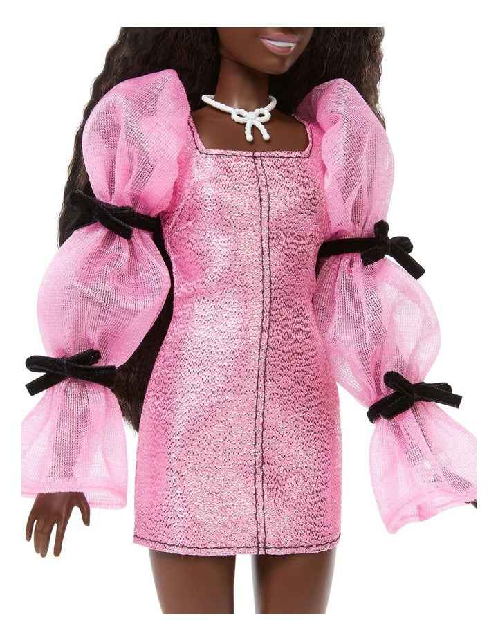 Barbie Deluxe Style Doll #14 in Metallic Pink Barbiecore Dress with Puffed Sleeves and Brown Hair