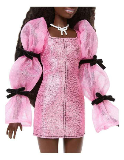 Barbie Deluxe Style Doll #14 in Metallic Pink Barbiecore Dress with Puffed Sleeves and Brown Hair