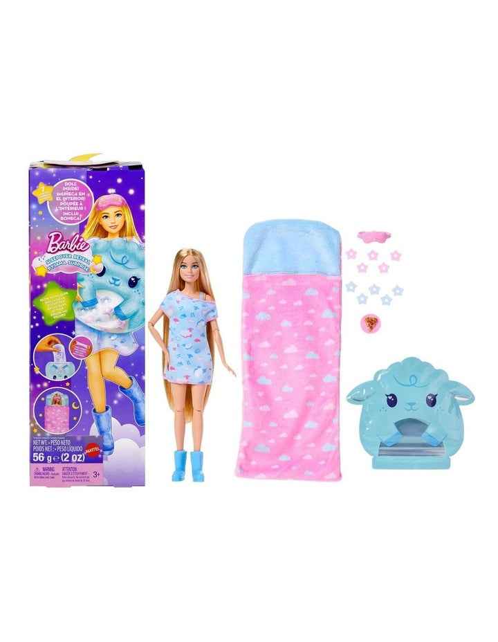 Barbie Party Unboxed Sleepover Reveal Series Blue Pajama Doll & Accessories with 7 Surprises