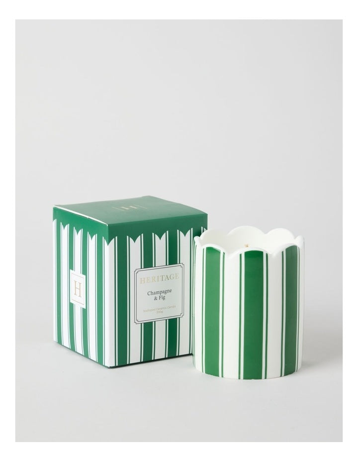 Ceramic Christmas Candle 300g in Green and White Stripe