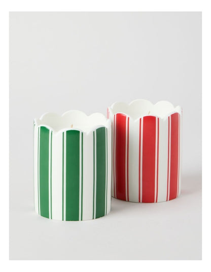 Ceramic Christmas Candle 300g in Green and White Stripe