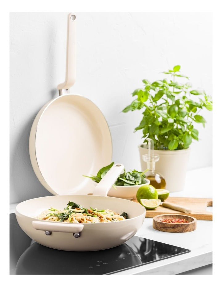 Rio 2pc 28cm Frypan + 28cm Wok set Cream