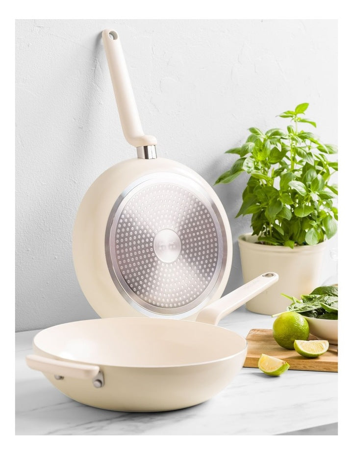 Rio 2pc 28cm Frypan + 28cm Wok set Cream