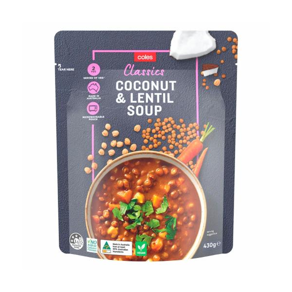 COLES POUCH SOUP:COCONUT & LENTIL:.:430 GRAM