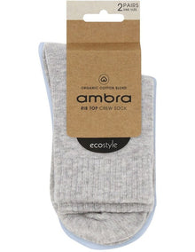 Organic Cotton Blend Rib Top Crew Sock 2 Pack in Grey Marle and Seaspray